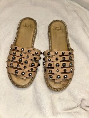 Marc Fisher Beige Studded Multi-Strap Slide Sandals